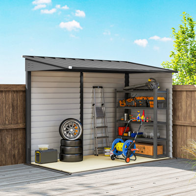 Outsunny 4.6' x 9' Steel Outdoor Storage Shed, Metal Tool House with Lockable Doors, Foundation Kit, 2 Air Vents, Gloves, Lean to Shed, Dark Gray