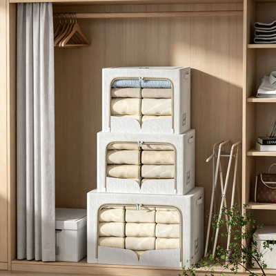 3 Pack Foldable Clothes Storage Bins with Metal Frame, Stackable Linen Fabric Container Organizer Set with Carrying Handles and Clear Window, for Bedroom Closet and Shelves