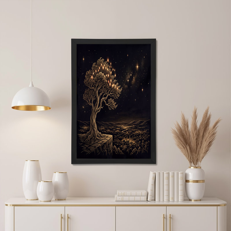 Arbre doré avec constellation de branches sur un paysage urbain, H 12 po x l 18 po