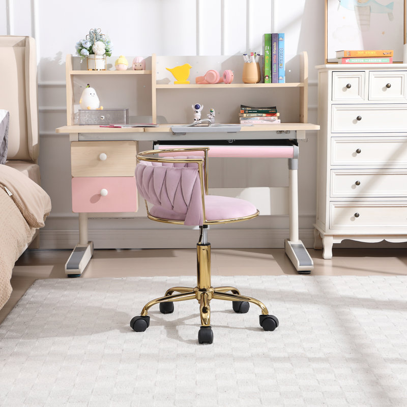 Kids' Swivel Desk Chair With Adjustable Height - Rolling Star Base & Woven Back - Golden Metal Study Chair, Purple