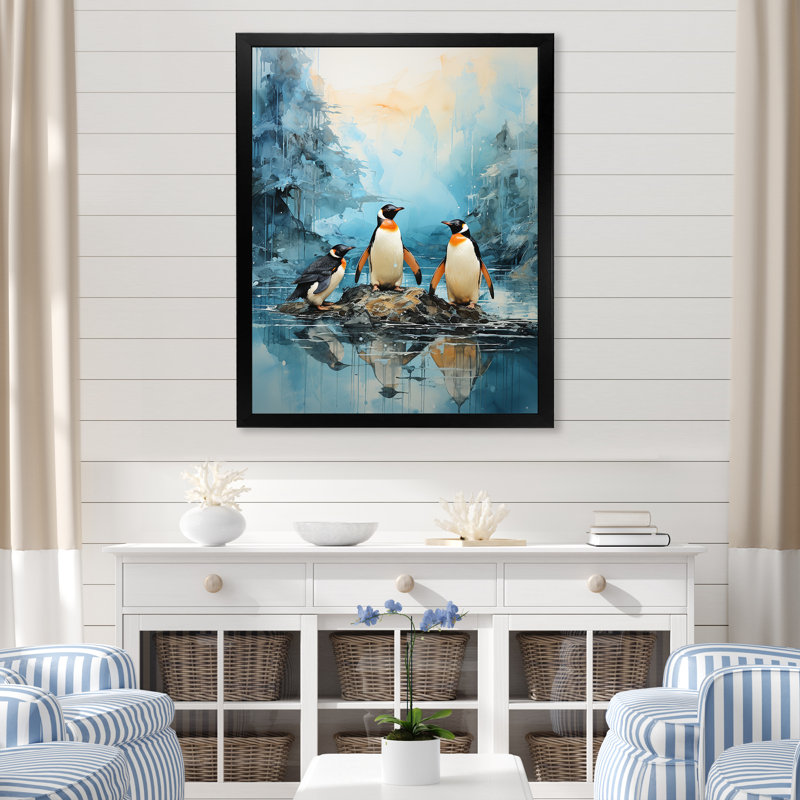 Pingouins antarctiques élégance IV sur toile, H 32 po x l 16 po x P 1 po, Cadre photo noir simple