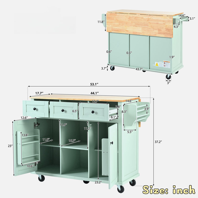 Îlot de cuisine avec comptoir rabattable, 5 roulettes, armoire de rangement, tablettes ouvertes et 3 tiroirs