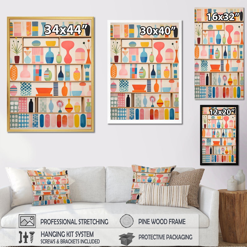 «Pink Mid Century Playful Patterns IV», reproduction d'art sur toile abstraite, H 20 po x l 12 po x P 1 po, Toile tendue