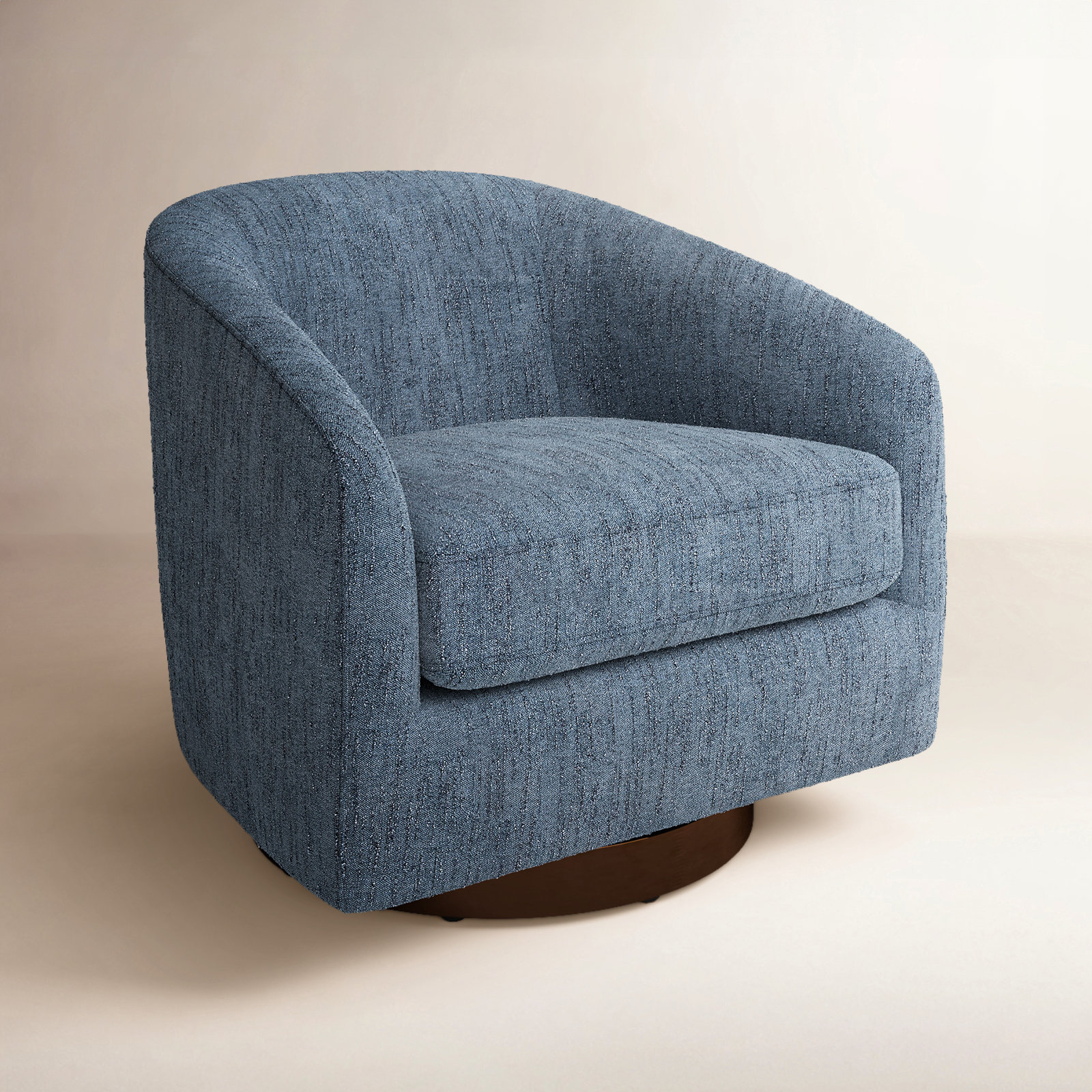 Bennett Linen Swivel Barrel Chair, Mellow Steel Blue Boucle