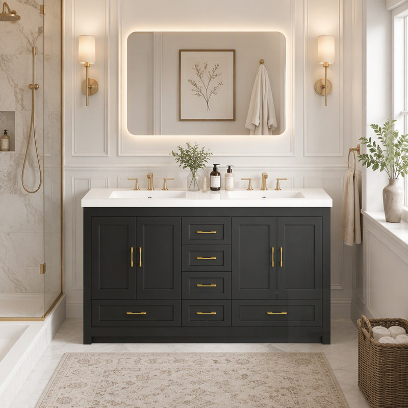 Meuble-lavabo de salle de bain avec rangement abondant, 4 portes à fermeture douce et 5 tiroirs pour une élégance moderne