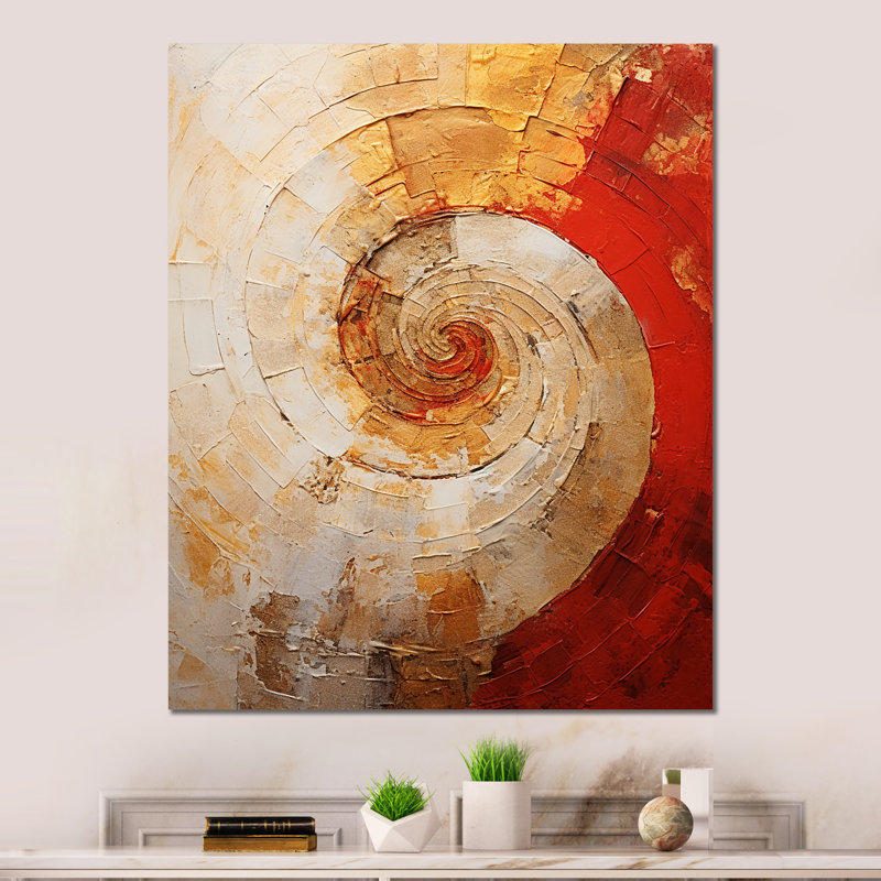 «Beige Red Spiral Poteries» - Impression murale en métal à spirales abstraites, H 20 po x l 12 po x P 1 po