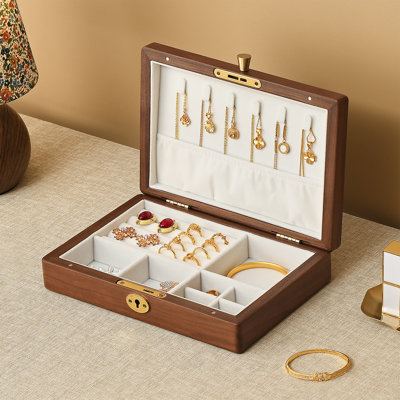 Solid Black Walnut Jewelry Box with Lock, Wooden Jewelry Organizer for Rings, Earrings, Necklaces.
