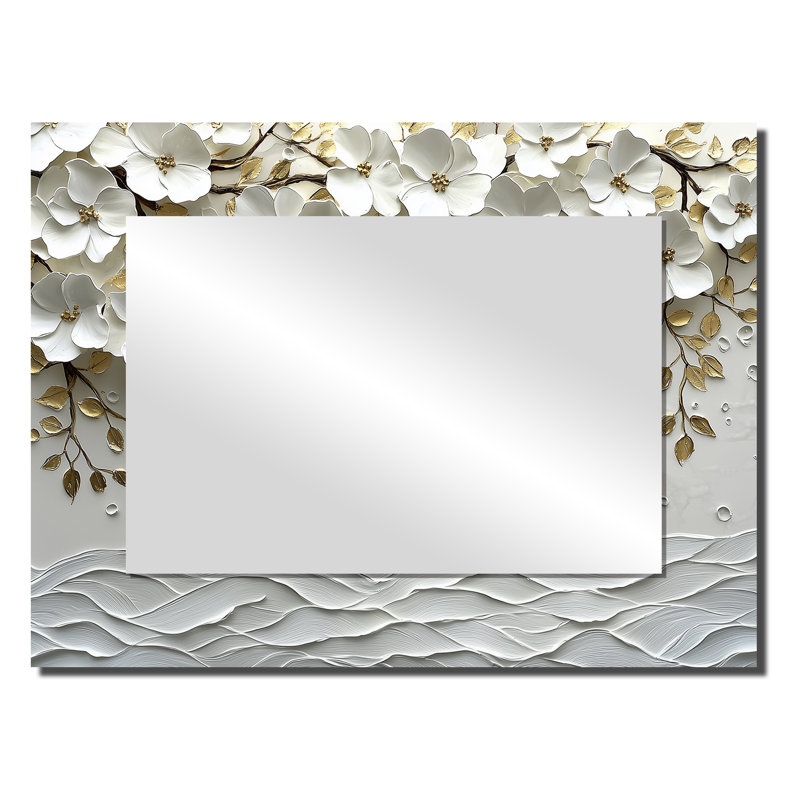 Arbre sauvage fleuri crème - miroir mural floral - imprimé sur métal, 24 po x 32 po
