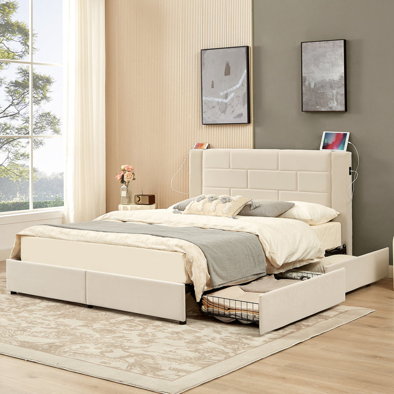 Base de lit très grand Denman avec 4 tiroirs de rangement et station de charge avec ports USB, Grand, Beige
