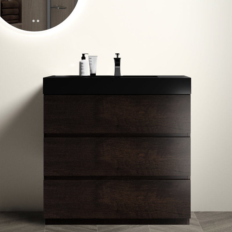 Meuble-lavabo de salle de bain de 91 cm (36 po) - Finition noyer, tiroirs silencieux et fluides, compartiments de rangement optimaux, élégant