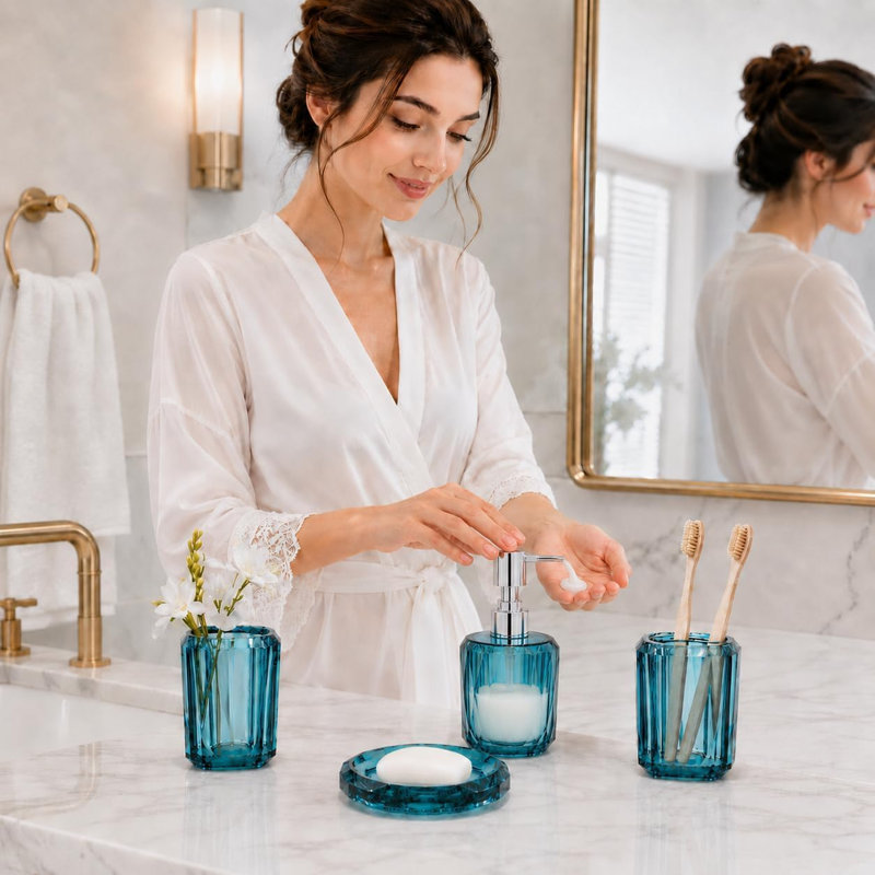 Ensemble de 4 accessoires de salle de bain en acrylique turquoise en forme de cœur : distributeur de savon, porte-brosse à dents, porte-savon et gobelet.