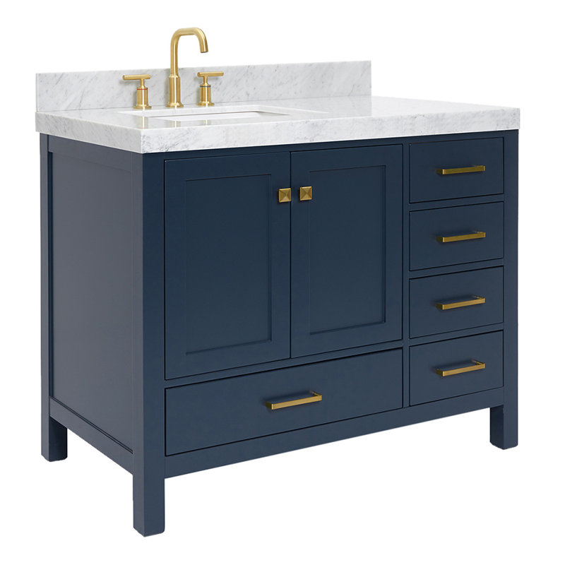 Meuble-lavabo simple 42 po avec comptoir Cambridge, Gauche, Forme rectangulaire, Bleu minuit / laiton satiné
