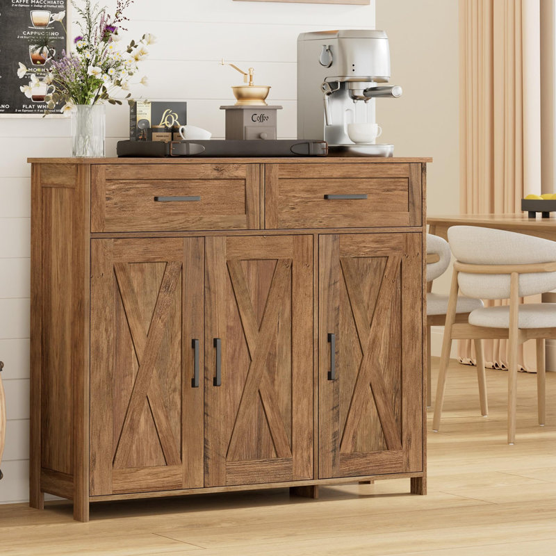 Buffet de style champêtre de 90 cm (35,4 po), meuble de rangement pour coin café avec tiroirs et portes, Noyer rustique