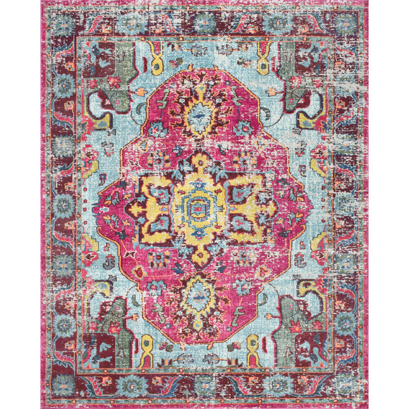 Tapis rose à motif bohème rétro tissé à la machine Performance Juliemarie, Rectangle 9 pi x 12 pi
