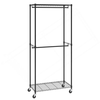 Portant à vêtements robuste, support à vêtements à tringle double avec niveau de rangement inférieur et supérieur, support à vêtements roulant pour suspendre les vêtements, tube en acier épais de 1 po de diamètre pouvant supporter jusqu'à 300 lb