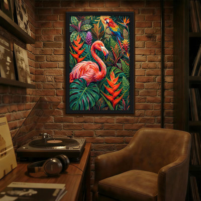 Animaux, flamant rose, perroquet, feuilles tropicales, fleurs, art sur toile