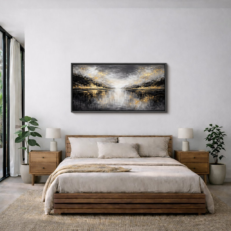 Illustration abstraite de paysage de montagne doré noir, images de salon contemporain, impression sur toile encadrée, impression numérique