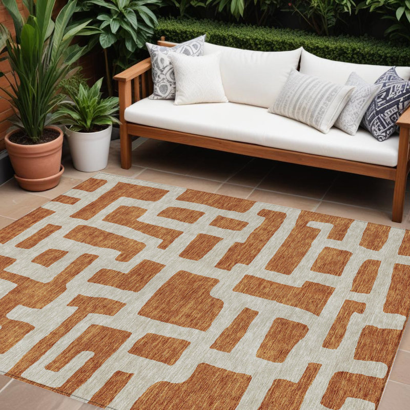 Tapis extérieur lavable abstrait en terre cuite et gris 10 pi x 14 pi