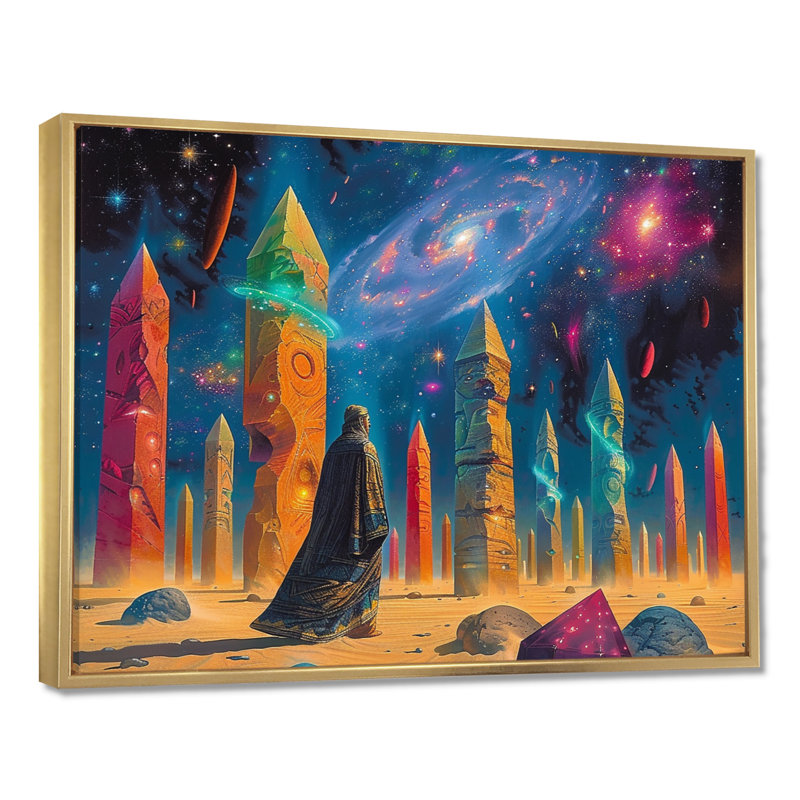 Cosmic Wanderer Crystal Pillars - Space Landscape, reproduction d'art mural, Toile avec cadre flottant or