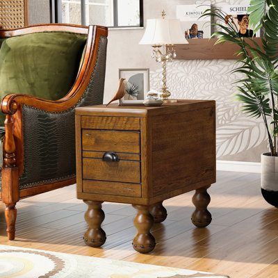 Solid Wood End Table, Rectangle 23.6 inch Narrow Side Table with Drawer, Vintage Bedside Table