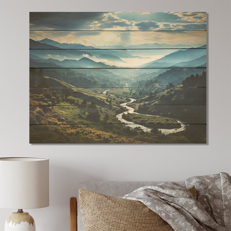Bleu et vert, paysage de montagne majestueux II - paysage de montagnes sur bois, H 24 po x l 32 po