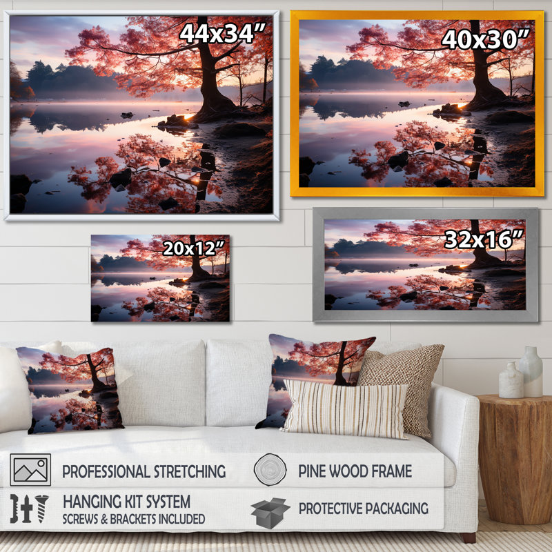 Soleil couchant à travers un arbre dans le lac sur toile, H 12 po x l 20 po x P 1 po, Cadre flottant noir