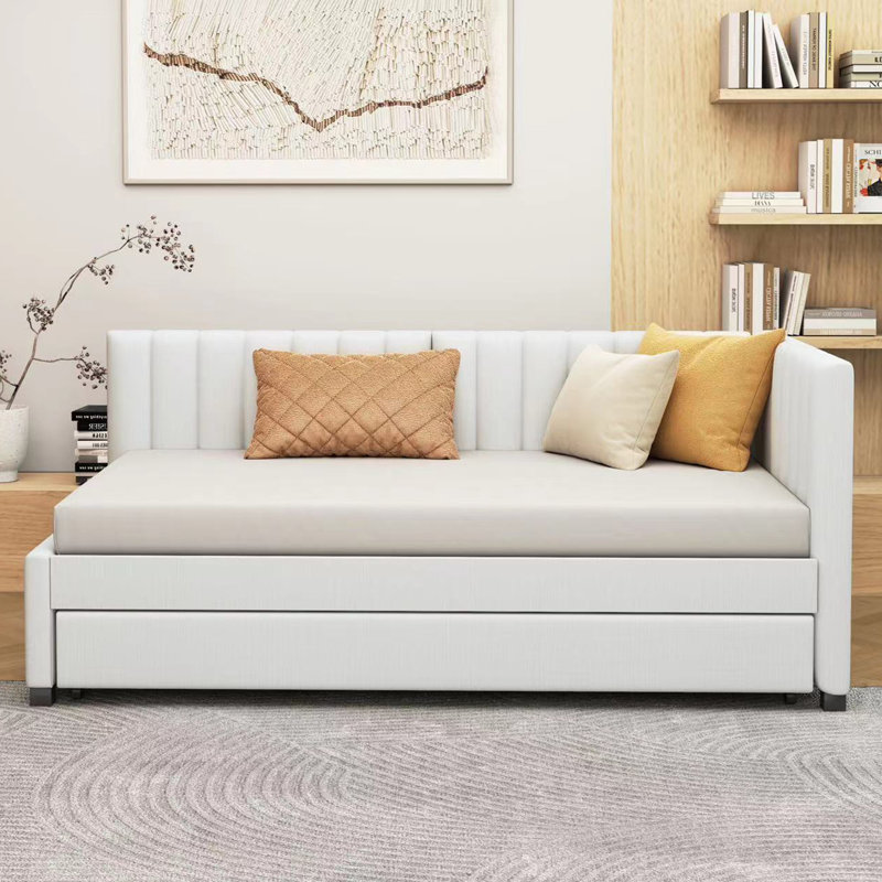  Upholstered Daybed with Trundle Sofa Bed Frame, No Box Spring Needed, Versatile and Space-Saving Design, Ideal for Guest Rooms or Lounging, Linen Fabric