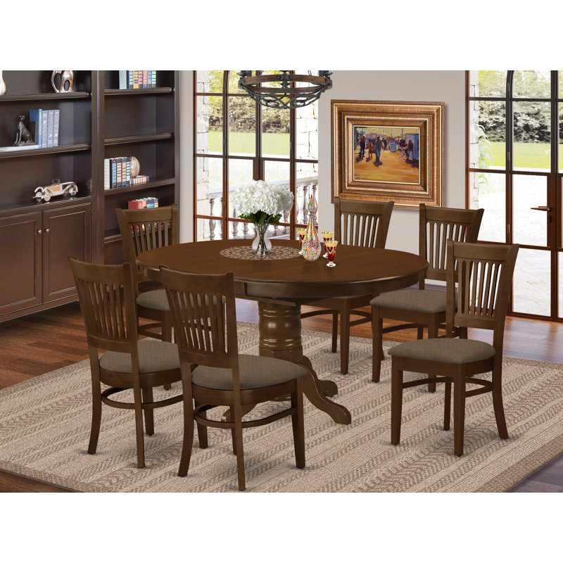 7 Piece Kitchen Table & Chairs Set Consist of an Oval Dining Room Table with Butterfly Leaf and 6 Linen Fabric Chairs, Espresso