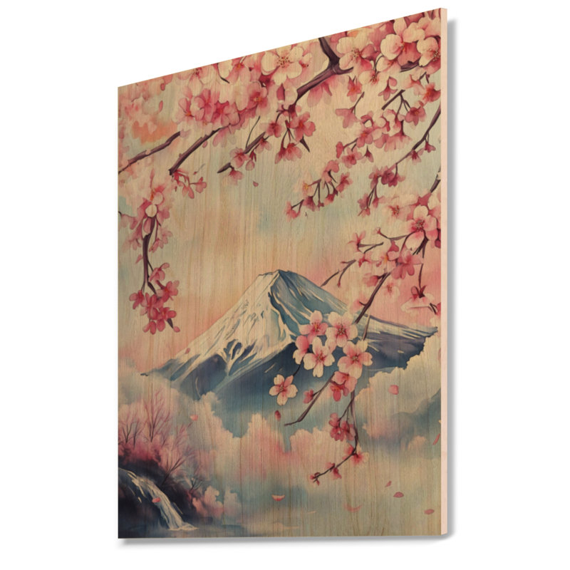 Mont Fuji avec fleurs de cerisier - art mural en bois naturel, H 24 po x l 18 po, Rectangulaire