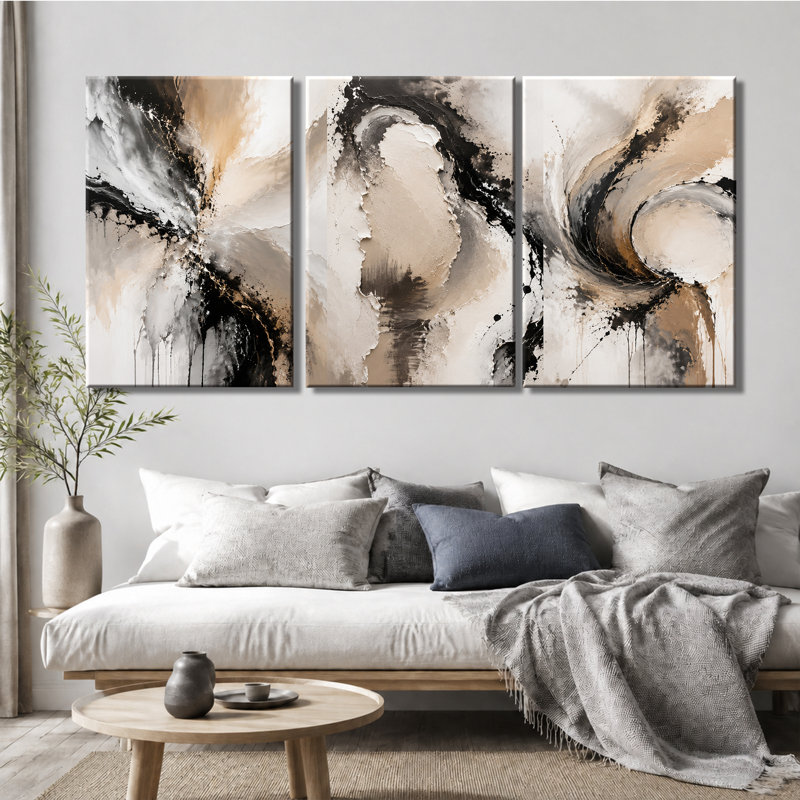 3 panneaux muraux beiges noirs texturés sur toile pour le salon, 20 * 30 pouces * 3