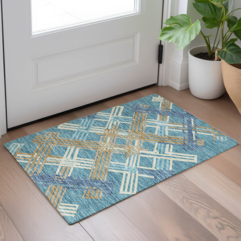 Machine Washable Indoor/Outdoor Chantille ACN2452 Geometric Rug, 1'8" x 2'6", Teal