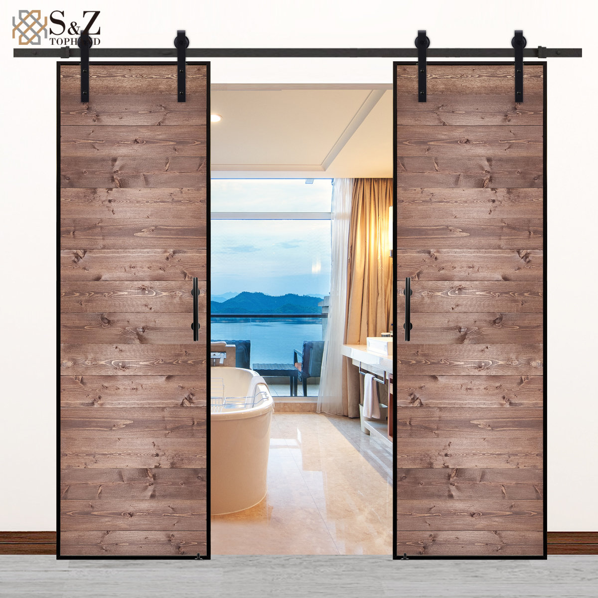 S&Z TOPHAND Wood Double Barn Door With Installation Hardware Kit 7 ...