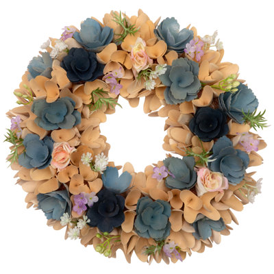 Couronne de printemps en bois avec mini fleurs artificielles - 14 po - bleu et crème