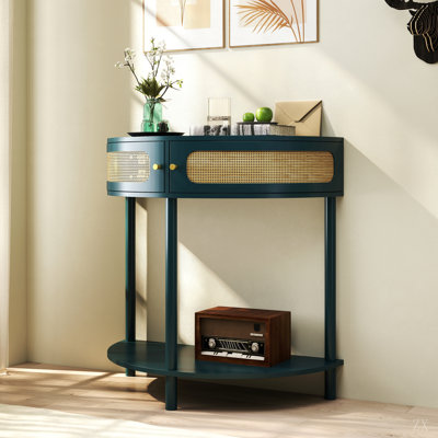 Table de bout unique en demi-lune avec porte coulissante en rotin, console élégante en demi-cercle avec 2 armoires de rangement en rotin et tablette inférieure pour le salon, la chambre à coucher, le bureau, le couloir