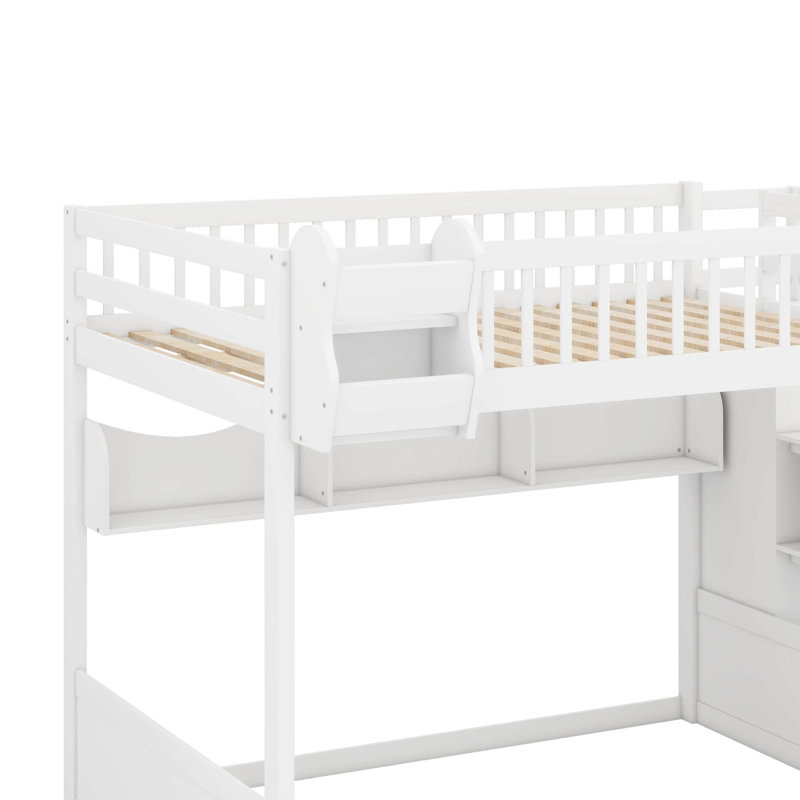 Queen Size Wooden Loft Bed With Staircase And Wardrobe,Storage Shelves And Under-Bed Space, White