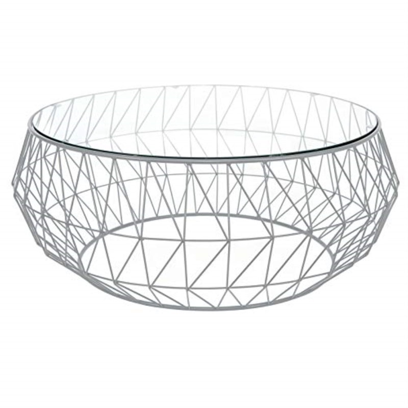 Deauville 39"  Round Glass Top Lightweight Coffee Table with Geometric Metal Base, Gray
