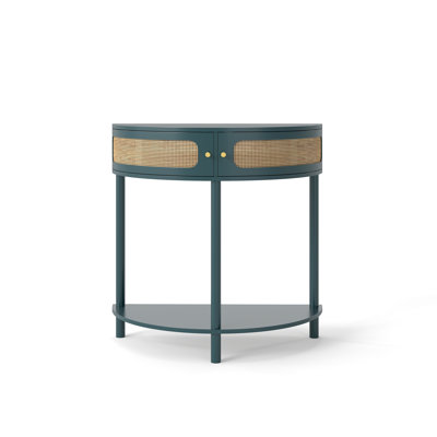 Unique Half Moon Design End Table with Sliding Rattan Door,Elegant Semi-circle Entryway Console Table with 2 Rattan Storage Cabinet and Bottom Shelf for Living room, Bedroom, Study, Hallway(Green)