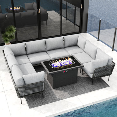  Outdoor Patio Woven Rope Wicker Modular 9 Pieces Sectional Set With Fire Pit Table And Cushions