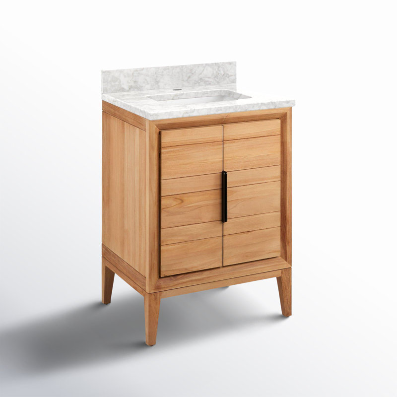 24" Aliso Single Bathroom Vanity Set with Rectangular Undermount Sink, Carrara Marble, Single-Hole Centered, Natural Teak