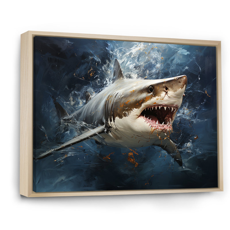 Underwater Shark Attack III - Sharkwall Art, 30" H x 40" W x 1.5" D, Brown Floater Framed