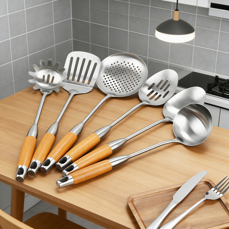 Ensemble d'ustensiles de cuisine 6 pièces en acier inoxydable avec poignées en bois - Spatule, louche, cuillère d'écumoire, cuillère à pâtes, grande cuillère, tourneur à fentes