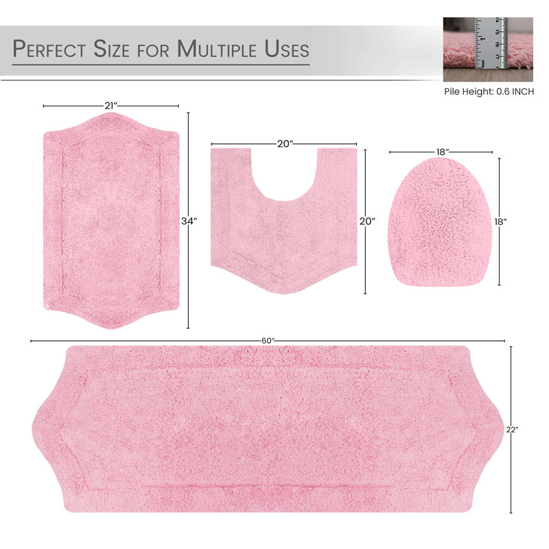 Waterford 4 Piece 100% Cotton Bath Rug Set with Lid Cover, Spray Latex Backing, Pink