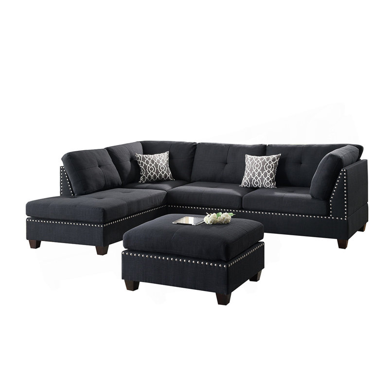 3 pièces Canapé modulaire en polyfibre noir avec méridienne réversible