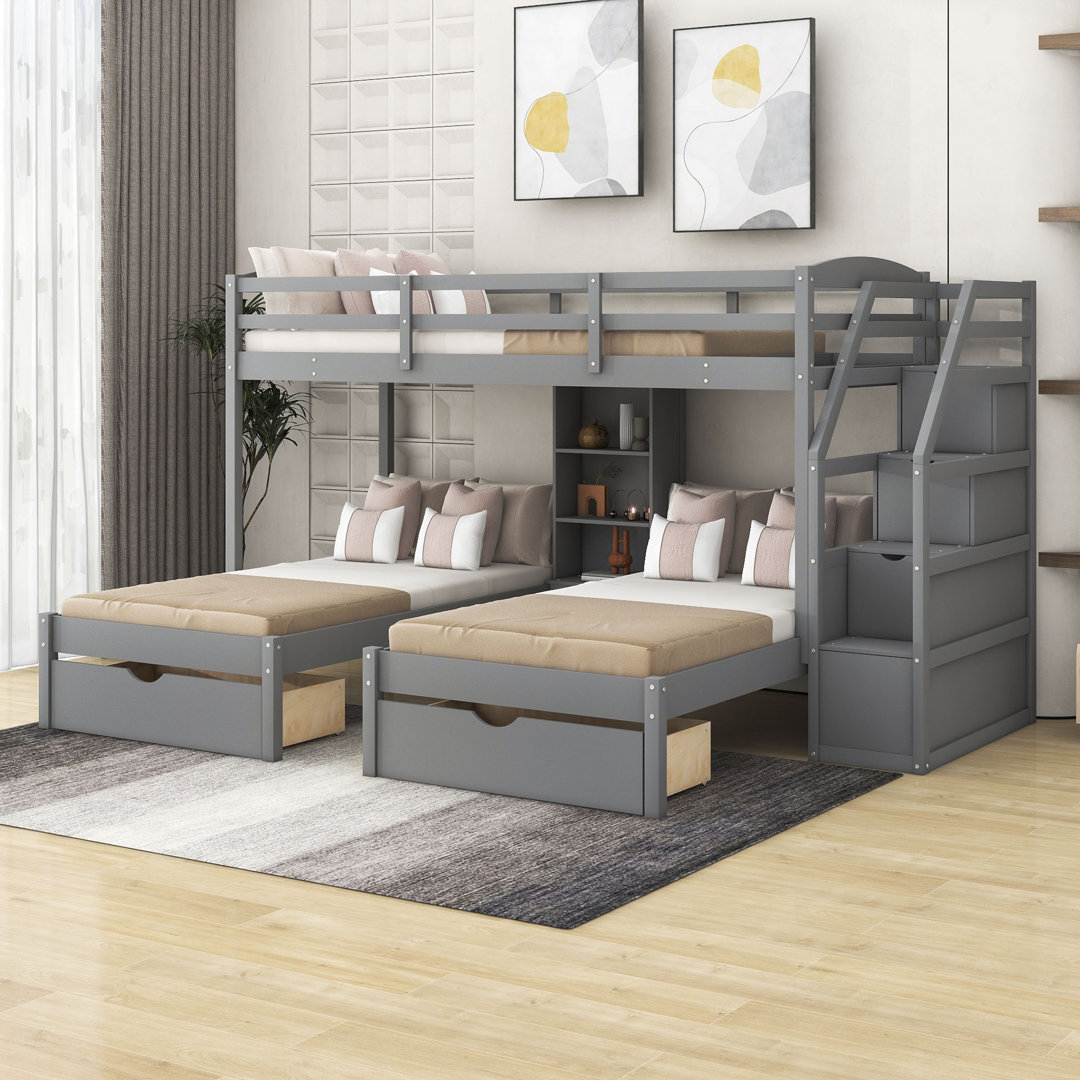 Havasxon Kids Twin over Twin& Twin 3 Drawers Triple Bed with Shelves Harriet Bee