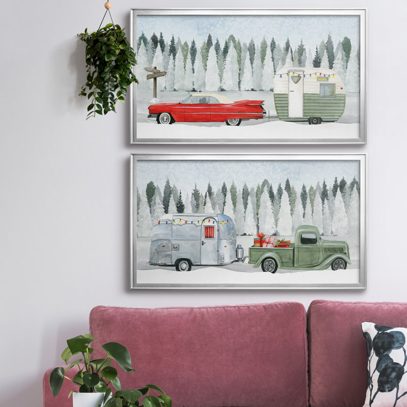 Holiday Roadtrip I - ensemble de 2 reproductions d'art encadrées, H 10,5 po x l 37 po x P 1,5 po, Toile encadrée argentée