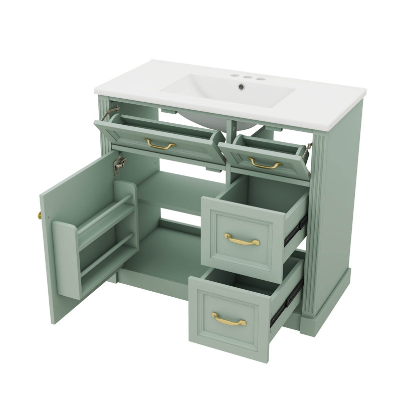 Meuble-lavabo de 36 pouces avec surface de lavabo en céramique, 4 tiroirs et 1 porte à fermeture en douceur, tablette réglable incluse