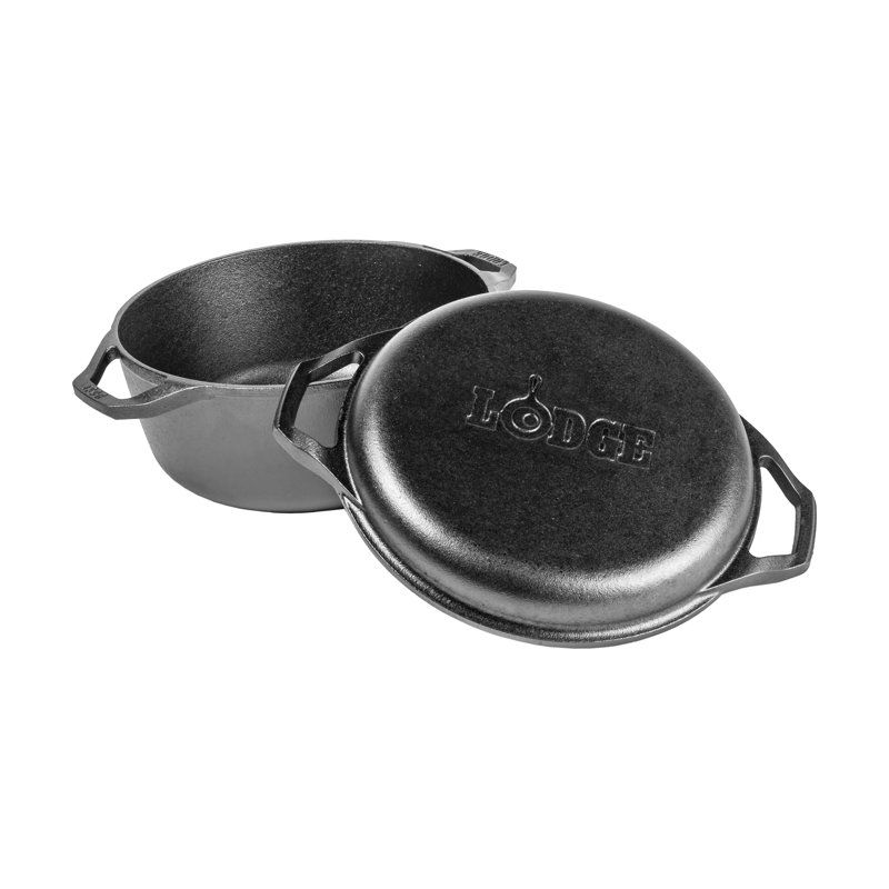 Black Cast Iron Non-stick Double Dutch Oven with Grill Pan Lid