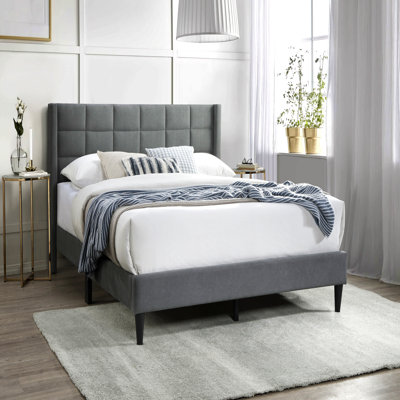 Elegant Modern Gray Brushed Linen 1pc Queen Size Bed Upholstered Box Design Headboard Bedframe