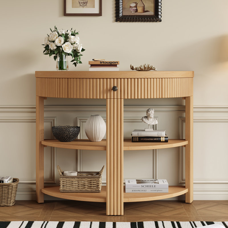 Console en bois avec tiroir et tablettes, Naturel