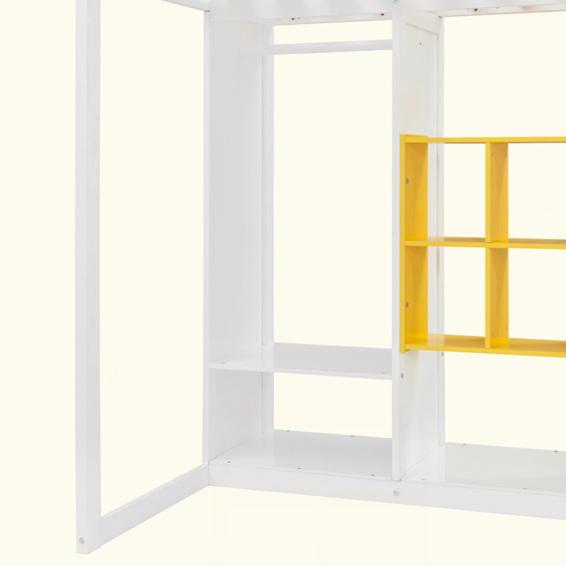  Lit mezzanine avec rangement ouvert en bois avec garde-robe ouverte et armoire fermée, lit mezzanine multi-niveaux avec escalier réversible et garde-corps de sécurité pleine longueur pour petites chambres